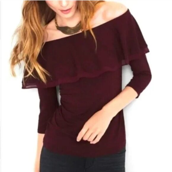 White House Black Market Tops - White House Black Market Burgundy Off the Shoulder Flounce 3/4 Sleeve Top Size M